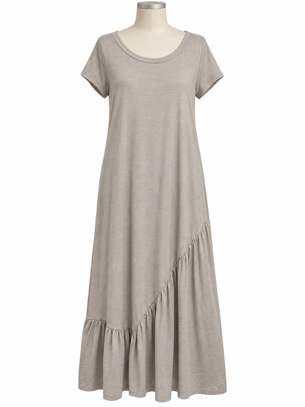 Stitchdrop Large Taupe 100% Cotton Maxi Dress Asymmetrical Ruffle Hem